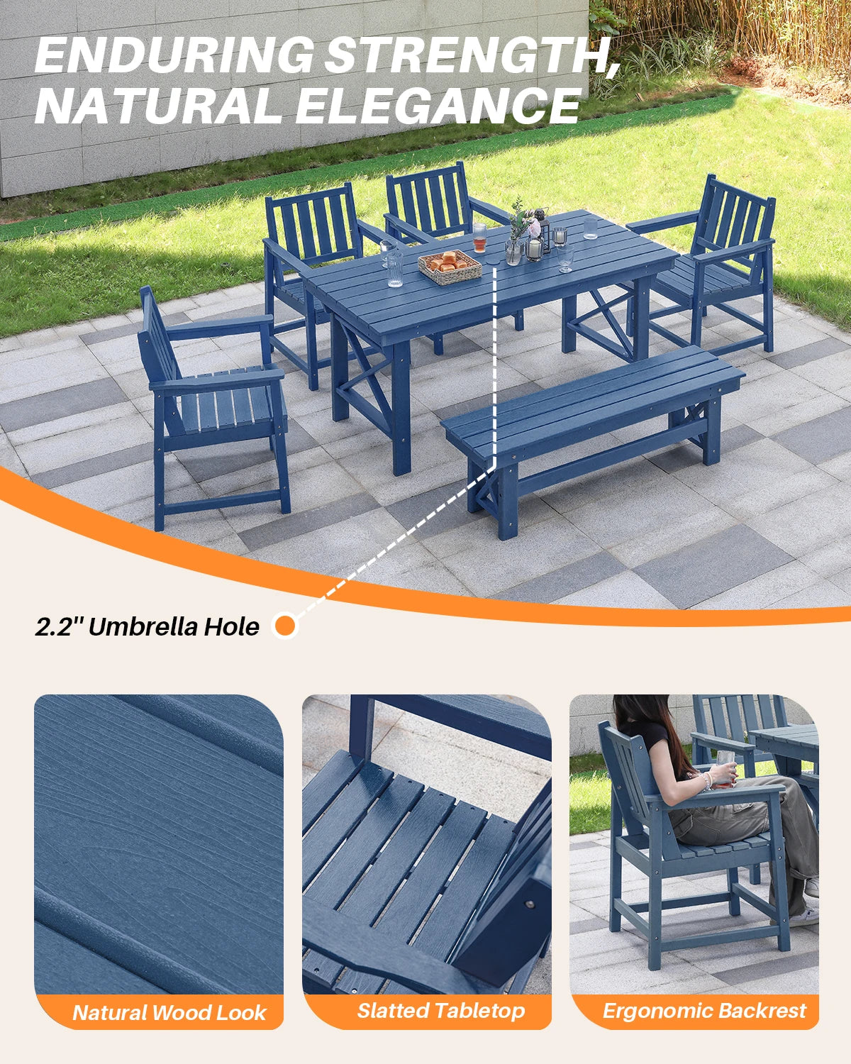 SeeHill Navy 6-Piece HDPE Dining Set, Outdoor Table with 4 Chairs and Bench, Weather-Resistant Patio Furniture with Umbrella Hol