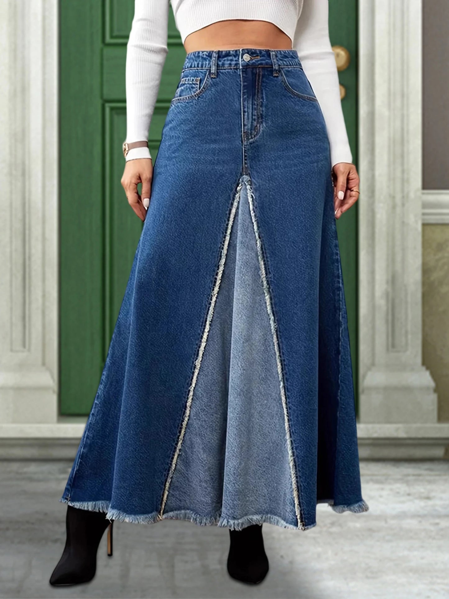 XBTCLXEBCOCN Women's Vintage Denim Midi Skirt With High Waist