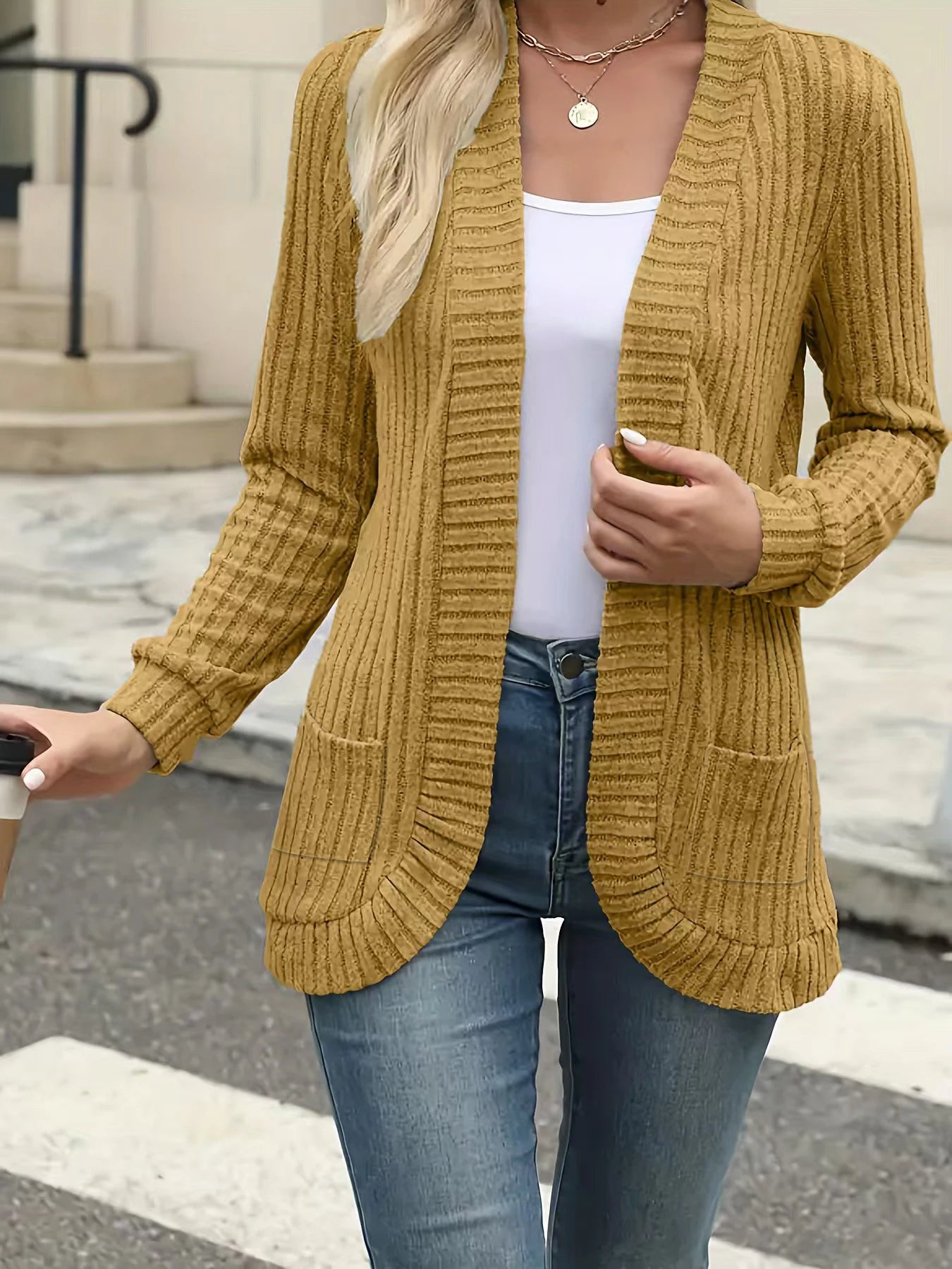 Women Brushed Knit Cardigan Jacket With Pockets Casual Style
