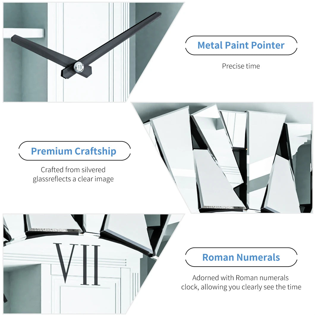 3D Mirrored Sunburst Edge Round Wall Clock With Roman Numerals