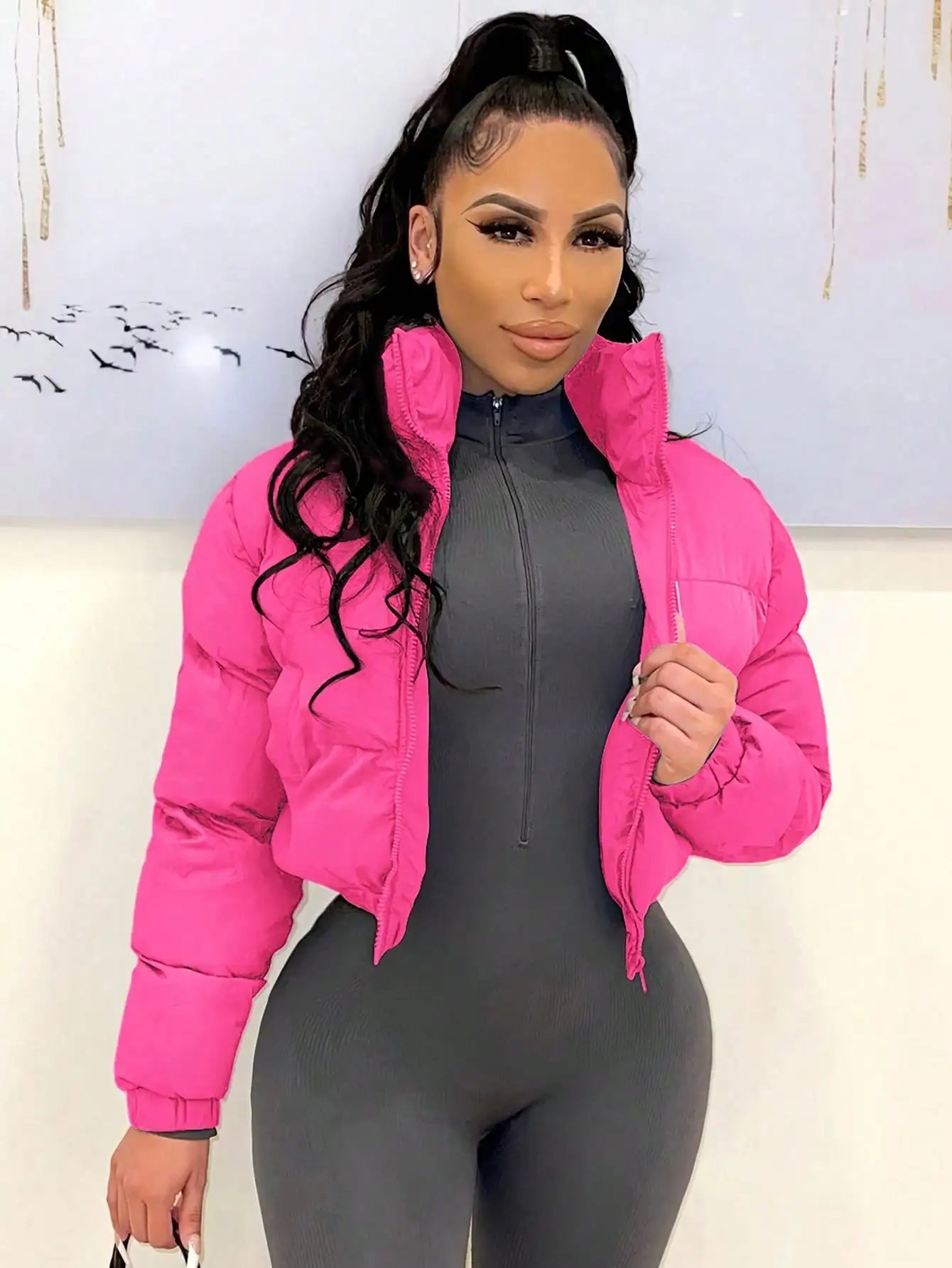 Women's Short Stand Collar Bomber Jacket with Zipper Front, Warm Puffer Style for Winter