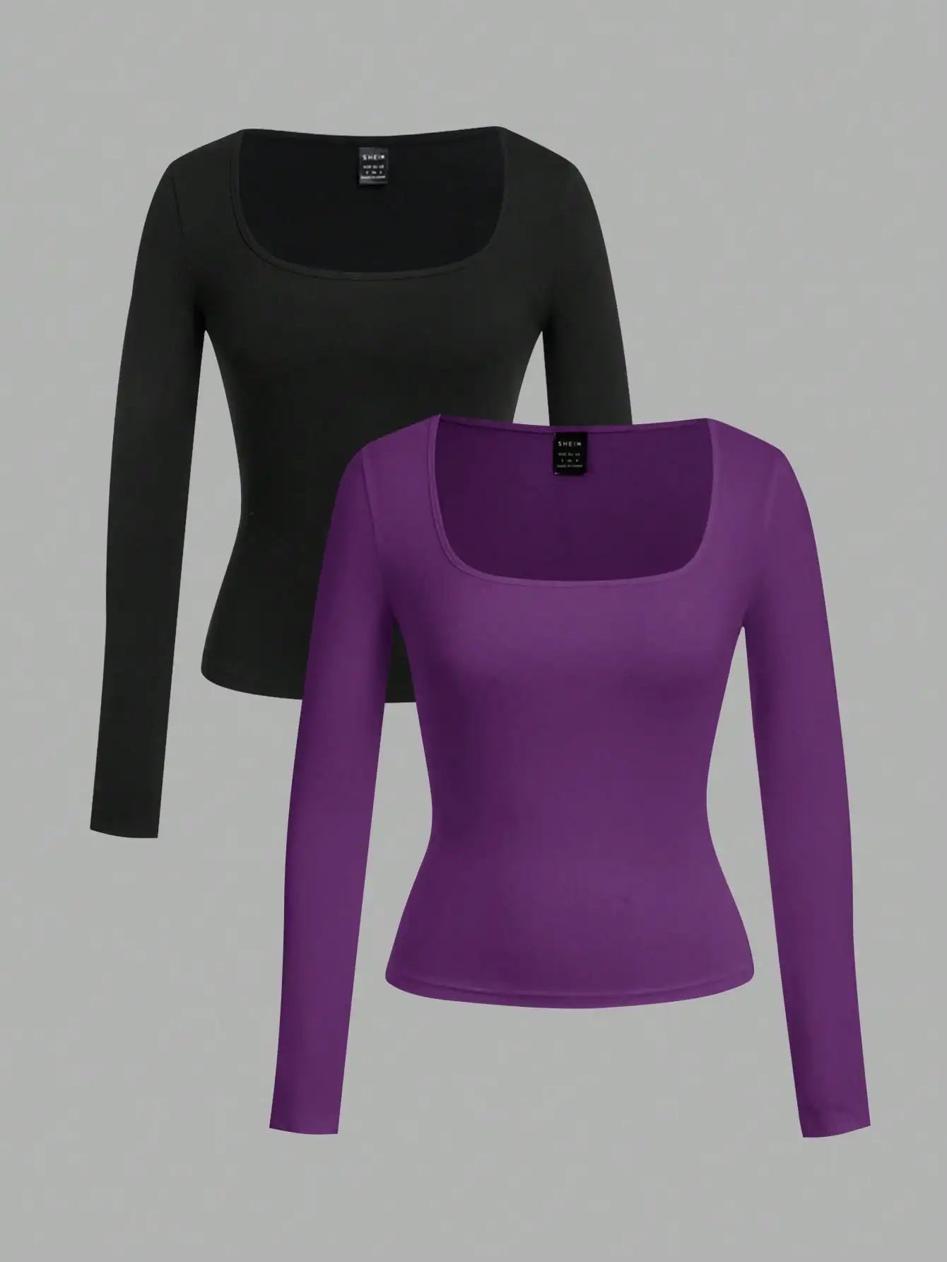 2-Pack Women's Square Neck Long Sleeve Fitted T-Shirts - Black & White, Casual Basic Tops for Autumn Winter