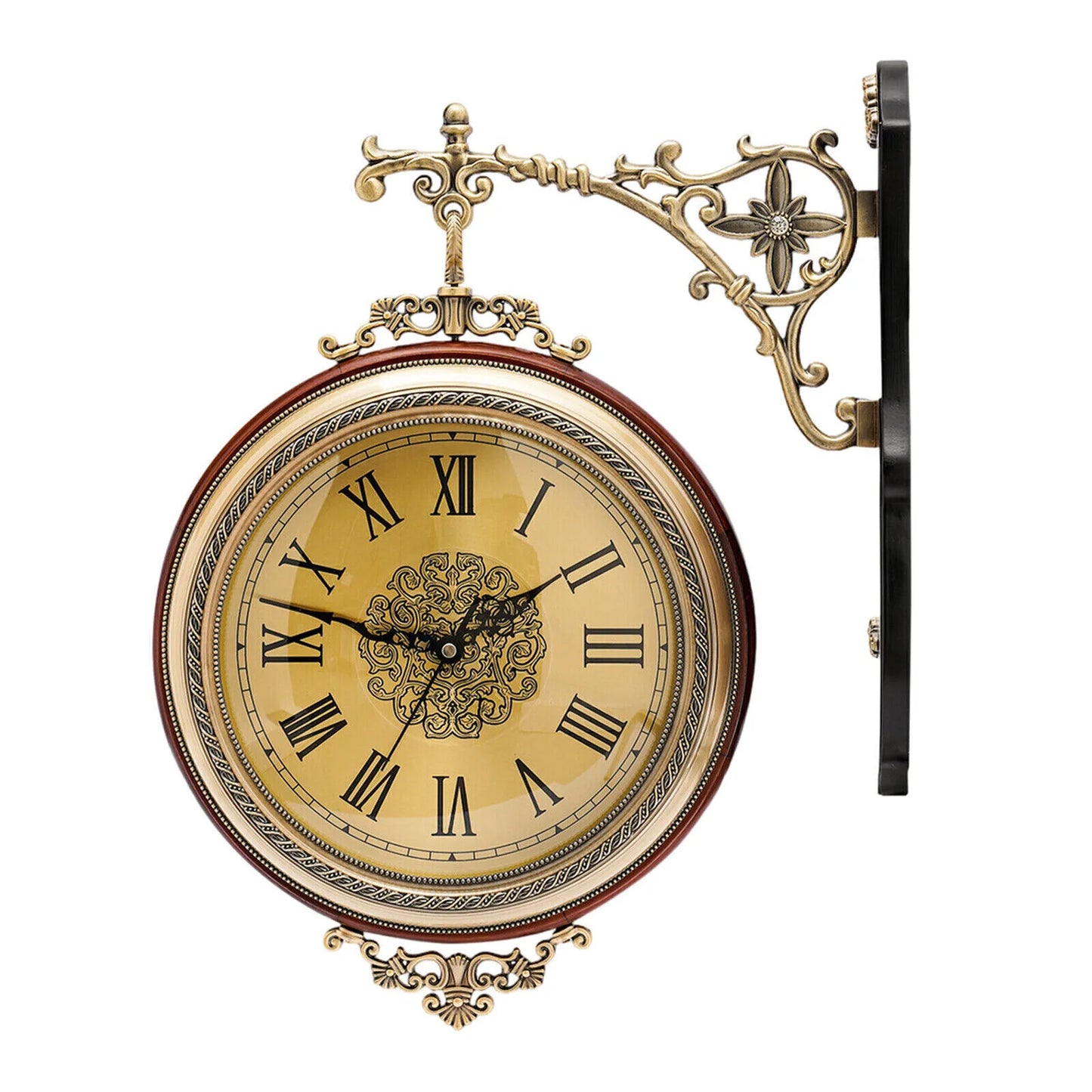 Wooden Double-Sided Wall Clock, Battery Operated, Silent Movement