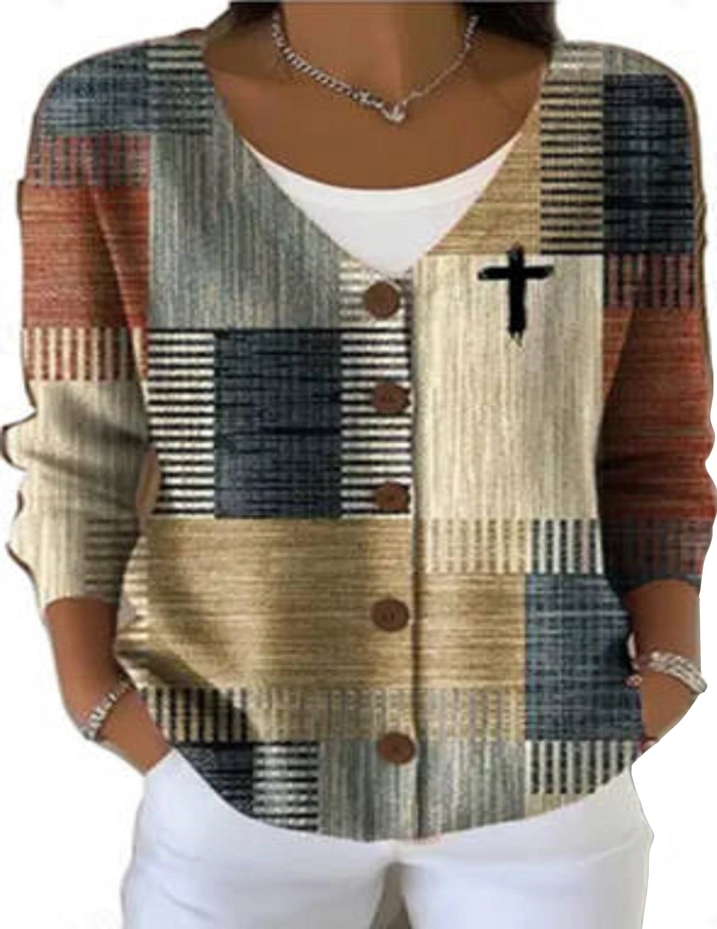 APWIKOGER Womens Casual Retro Color Block Faith Cross Jesus Sweatshirts