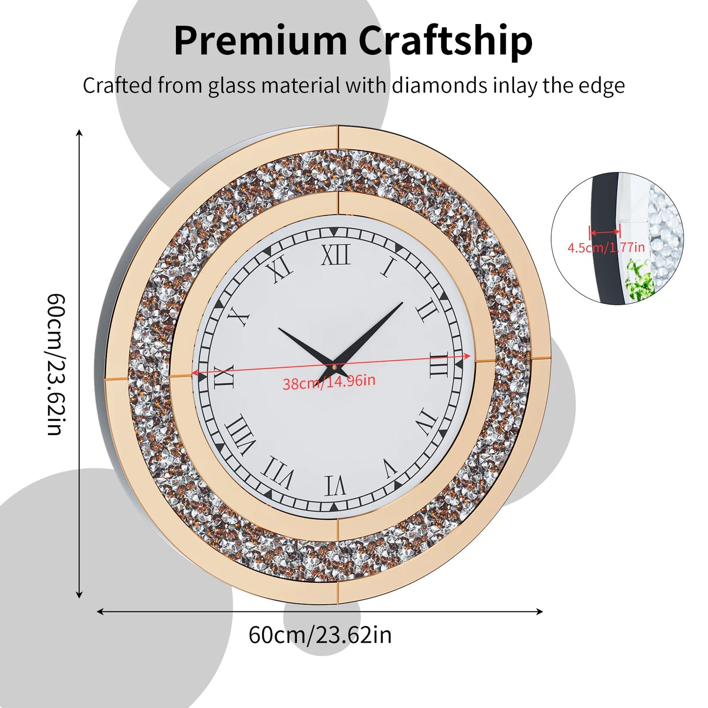Bling Silver Round Mirror Clock Glam Sparkle Wall Clock