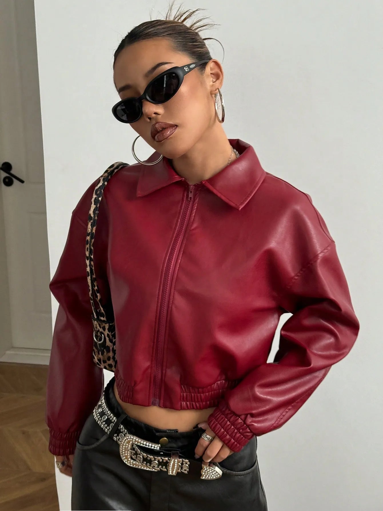 Women's Vintage Red PU Leather Cropped Jacket with Ribbed Cuffs, Street Style Bomber
