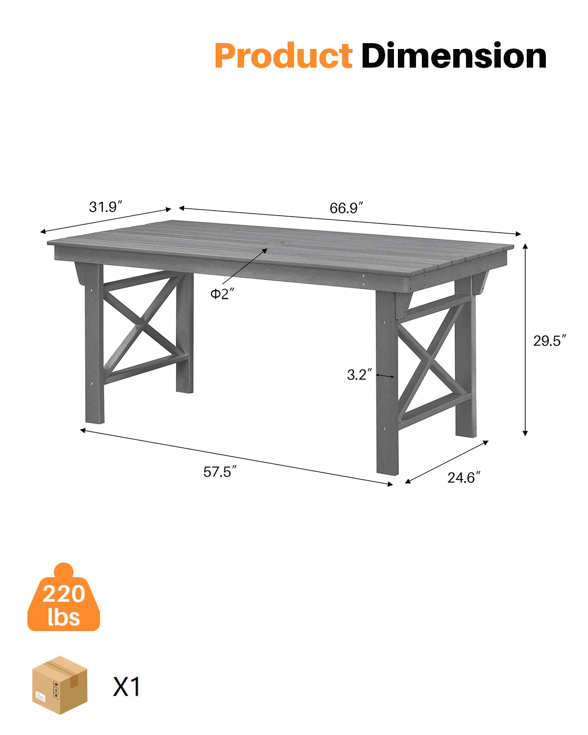 SeeHill Smoke Gray HDPE Patio Table, 66.9" Rectangle Outdoor Dining Table with Umbrella Hole, All-Weather Furniture for Backyard