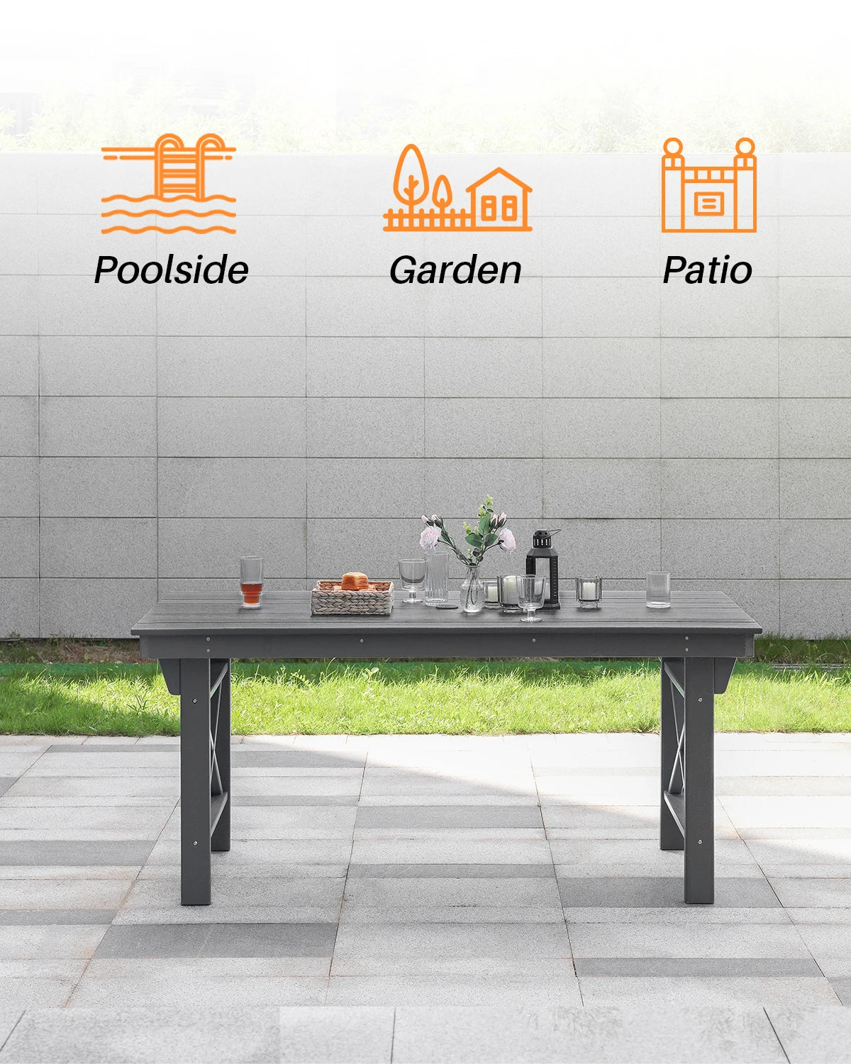 SeeHill Smoke Gray HDPE Patio Table, 66.9" Rectangle Outdoor Dining Table with Umbrella Hole, All-Weather Furniture for Backyard