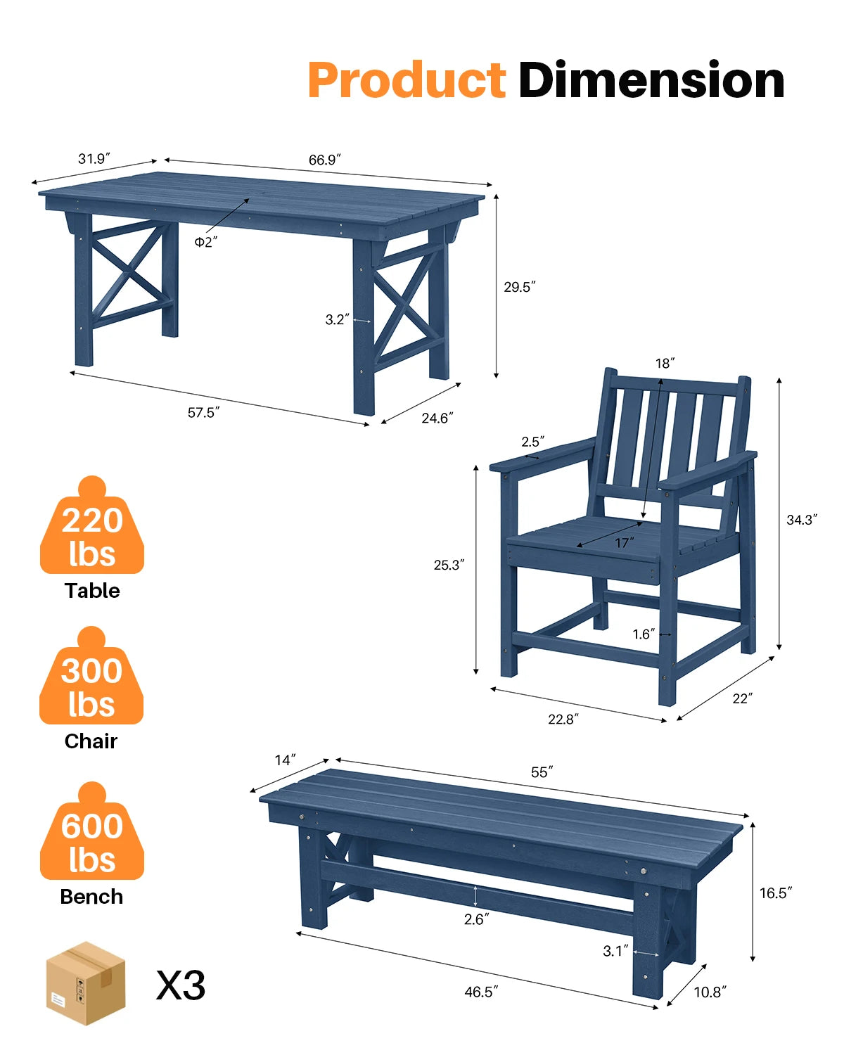 SeeHill Navy 6-Piece HDPE Dining Set, Outdoor Table with 4 Chairs and Bench, Weather-Resistant Patio Furniture with Umbrella Hol