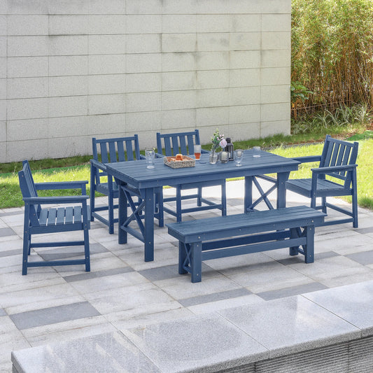 SeeHill Navy 6-Piece HDPE Dining Set, Outdoor Table with 4 Chairs and Bench, Weather-Resistant Patio Furniture with Umbrella Hol