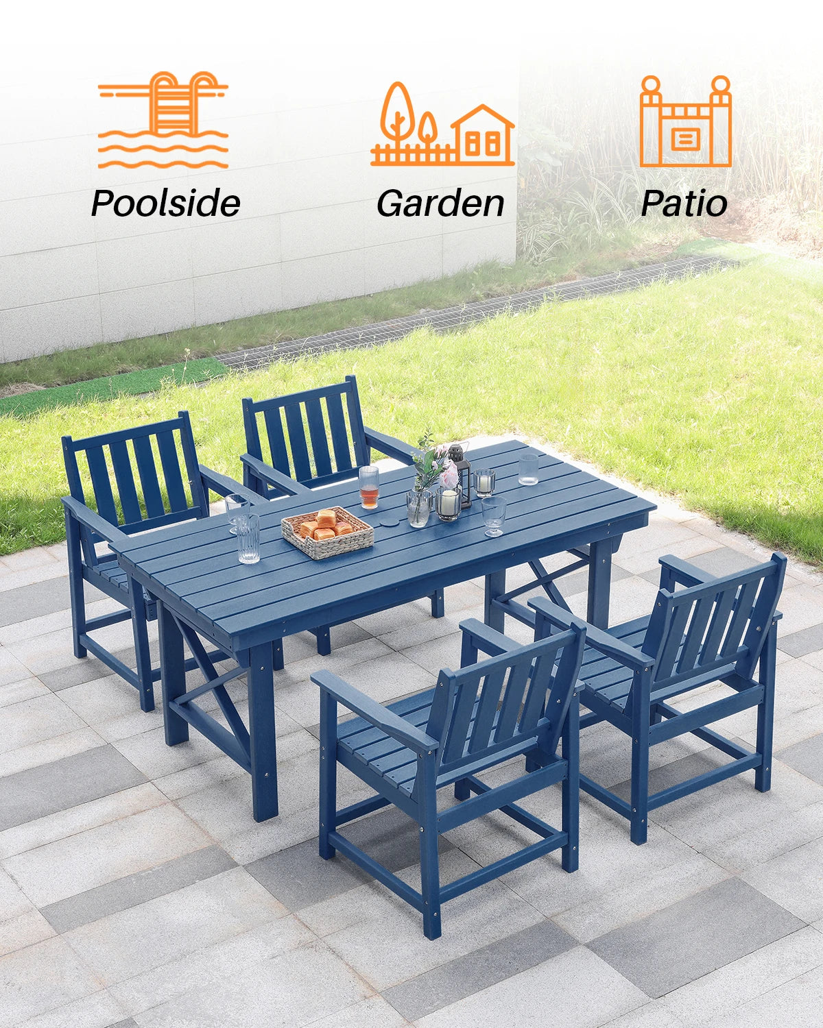 SeeHill Navy 6-Piece HDPE Dining Set, Outdoor Table with 4 Chairs and Bench, Weather-Resistant Patio Furniture with Umbrella Hol