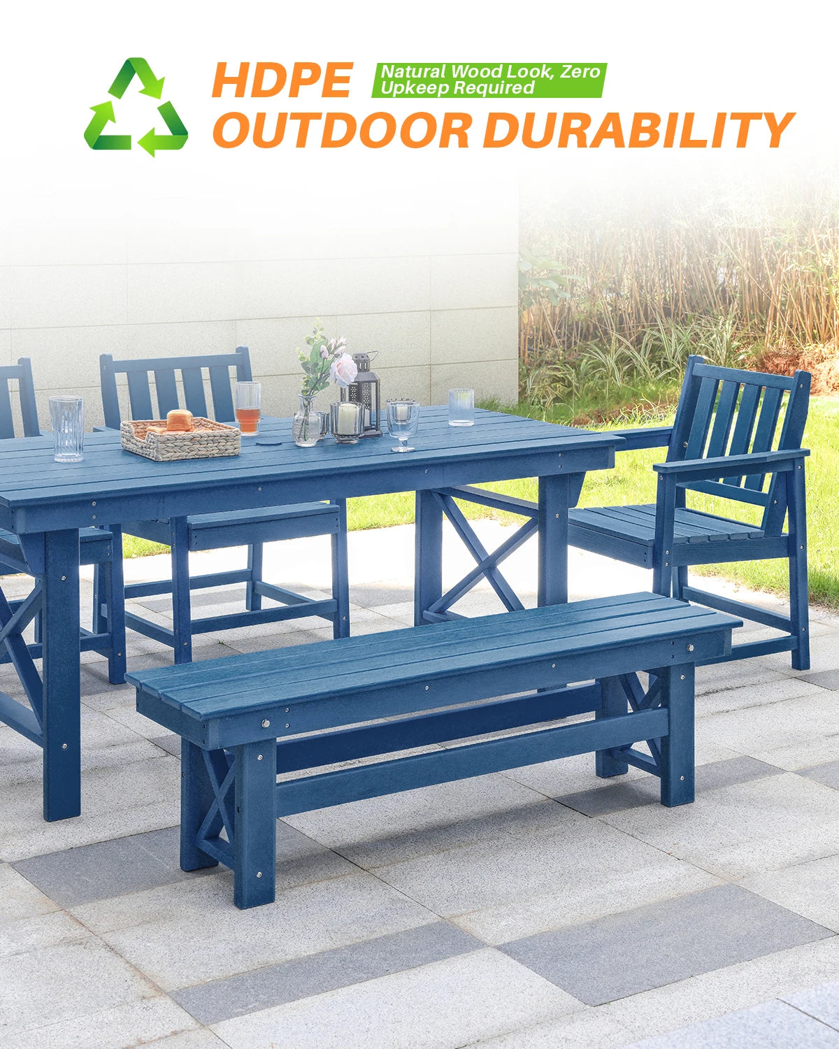 SeeHill Navy 6-Piece HDPE Dining Set, Outdoor Table with 4 Chairs and Bench, Weather-Resistant Patio Furniture with Umbrella Hol