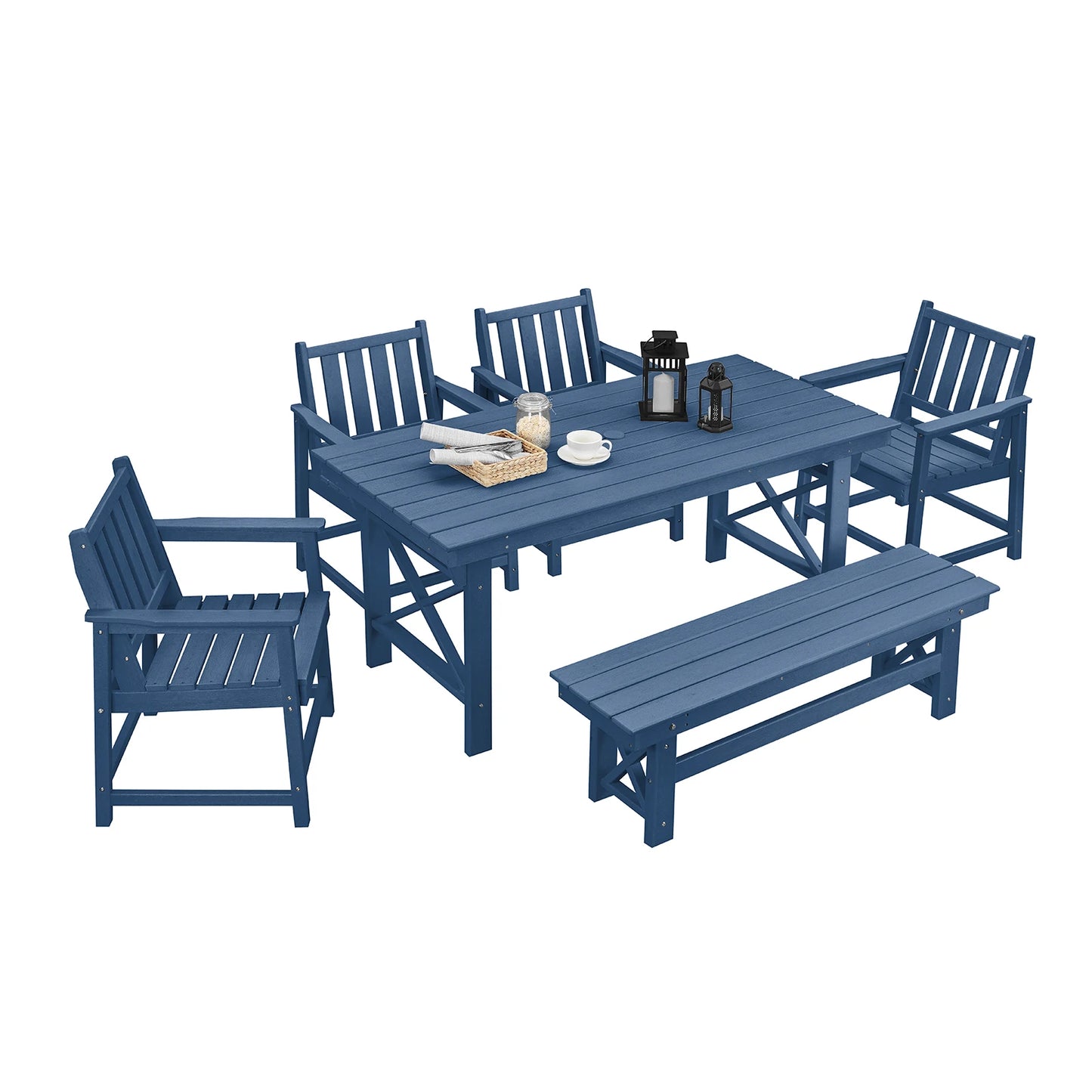 SeeHill Navy 6-Piece HDPE Dining Set, Outdoor Table with 4 Chairs and Bench, Weather-Resistant Patio Furniture with Umbrella Hol