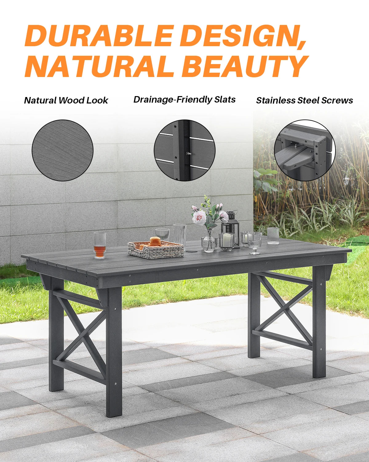 SeeHill Smoke Gray HDPE Patio Table, 66.9" Rectangle Outdoor Dining Table with Umbrella Hole, All-Weather Furniture for Backyard