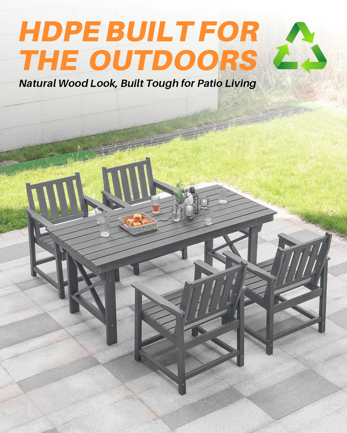 SeeHill Smoke Gray HDPE Patio Table, 66.9" Rectangle Outdoor Dining Table with Umbrella Hole, All-Weather Furniture for Backyard