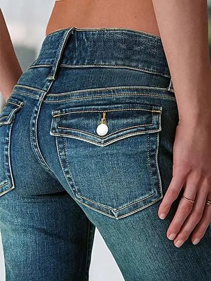 Women's Flare Bell Bottom Jeans Y2K Vintage Low Rise Stretch Bootcut Jeans Casual Wide Leg Denim Pants Streetwear