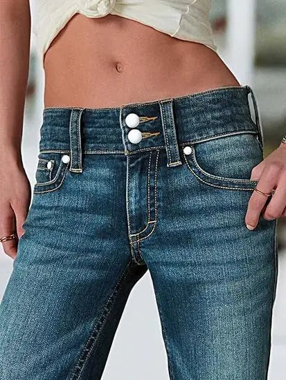 Women's Flare Bell Bottom Jeans Y2K Vintage Low Rise Stretch Bootcut Jeans Casual Wide Leg Denim Pants Streetwear