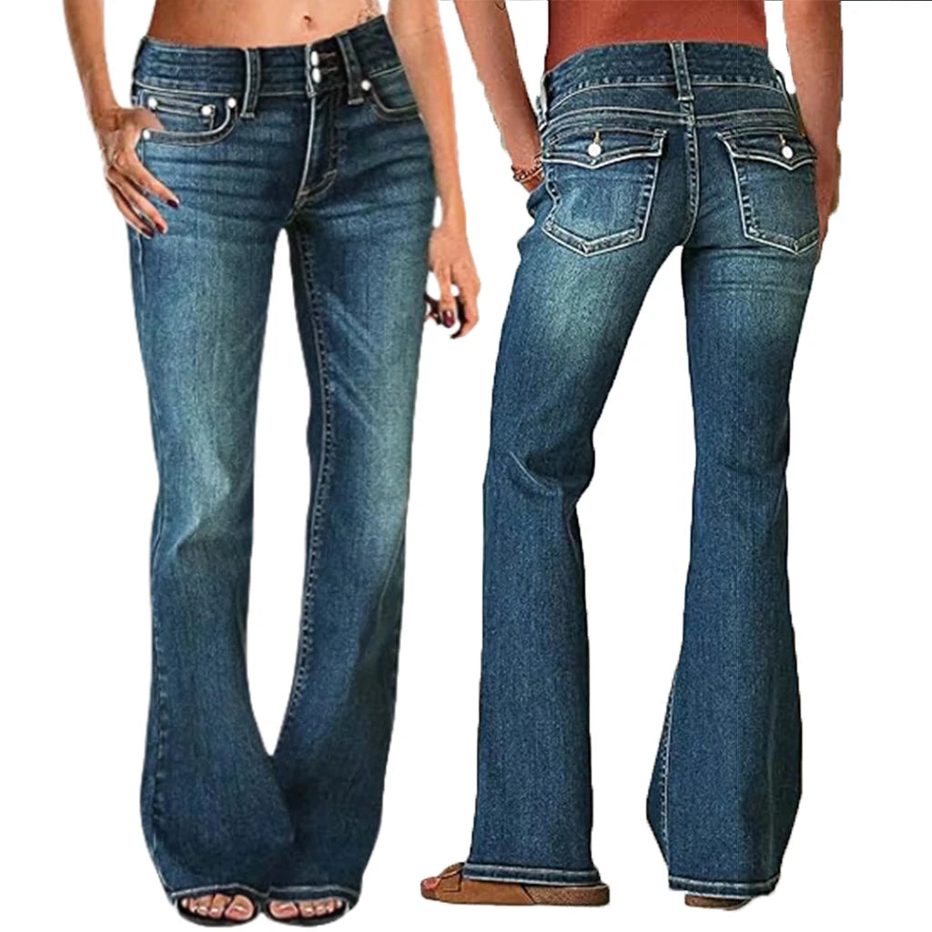 Women's Flare Bell Bottom Jeans Y2K Vintage Low Rise Stretch Bootcut Jeans Casual Wide Leg Denim Pants Streetwear