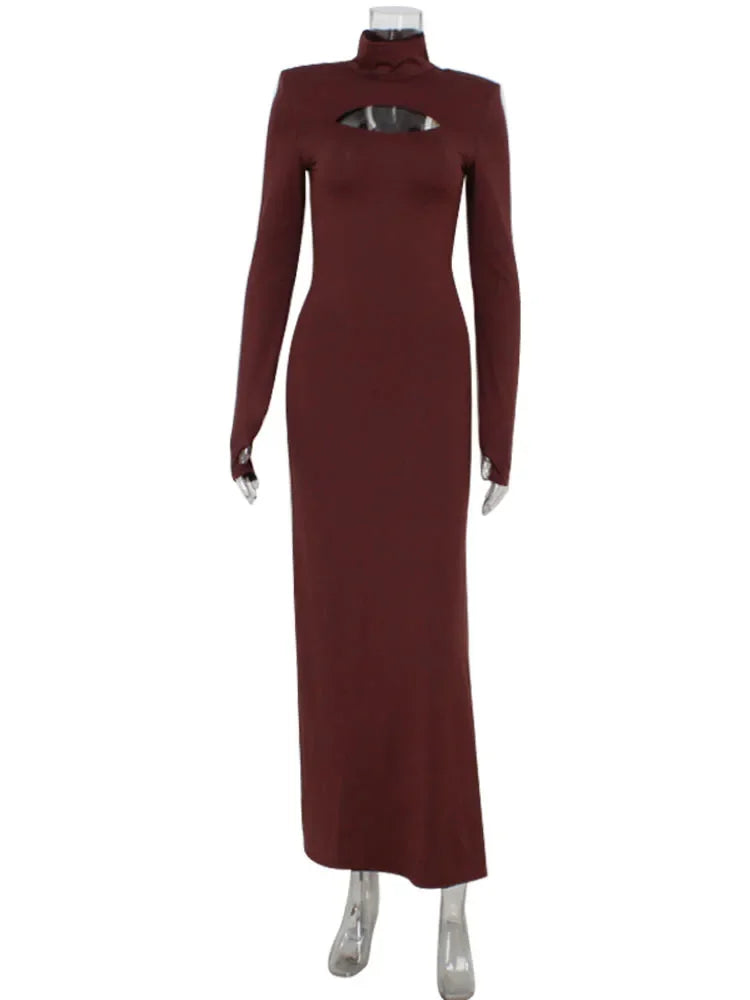 Ahagaga Sexy Sheath Women's Maxi Dresses Solid Turtleneck Regular Long Sleeves Hollow Out Slim Fit Bodycon Party Vestidos Robes