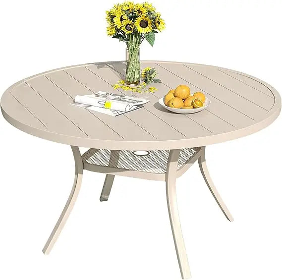 48" Round Patio Dining Table for 6, Outdoor Metal Dining Table with 1.57" Umbrella Hole for Backyard Lawn Garden, Sandshell