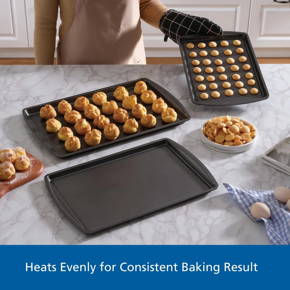 3PC Nonstick Cookie Sheet Set Durable Steel Construction Easy Release Perfect Baking Tasks