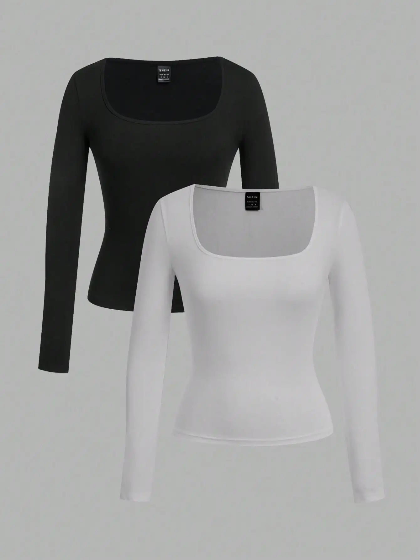 2-Pack Women's Square Neck Long Sleeve Fitted T-Shirts - Black & White, Casual Basic Tops for Autumn Winter