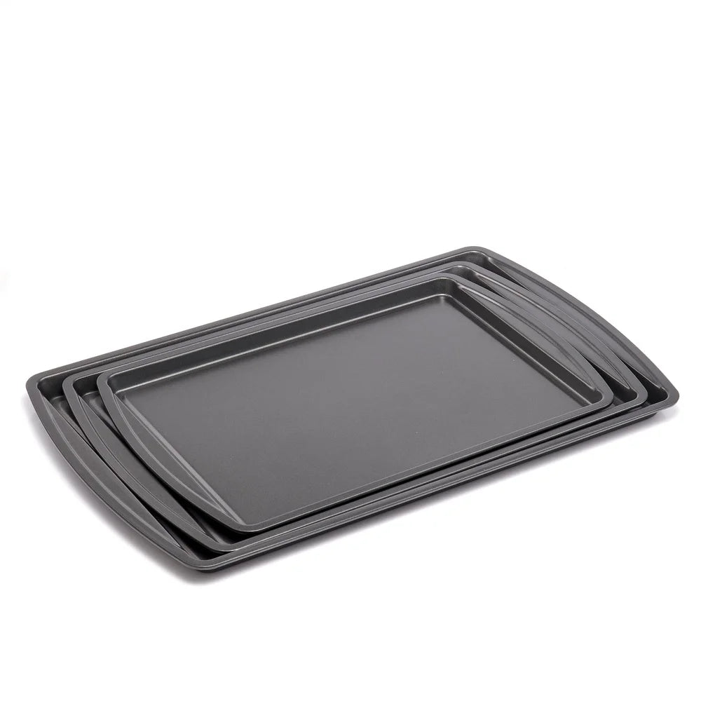 3PC Nonstick Cookie Sheet Set Durable Steel Construction Easy Release Perfect Baking Tasks