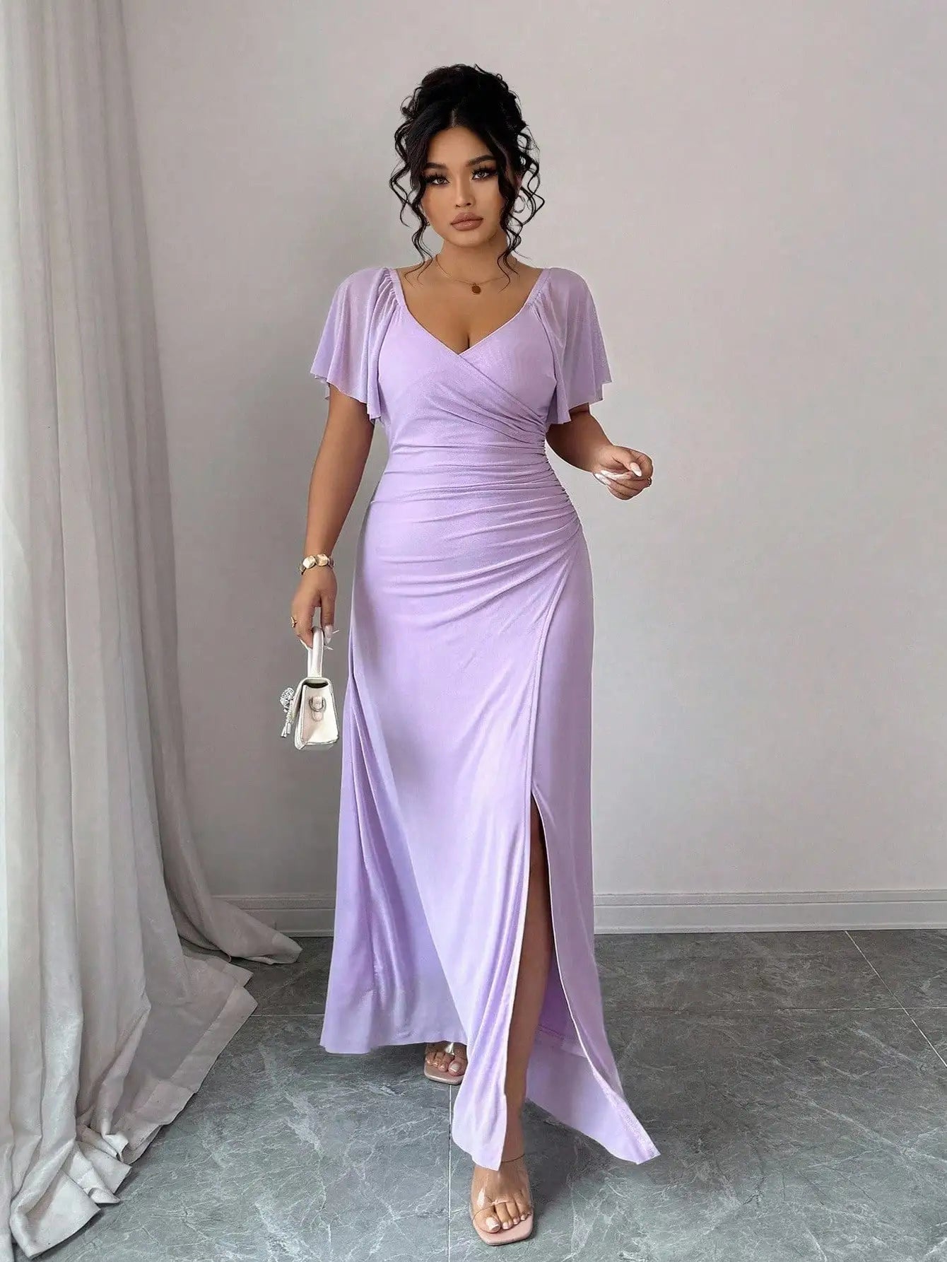 Lavender V-Neck Ruffle Sleeve Pleated Maxi Dress for Bridesmaid Wedding Party Formal Occasion