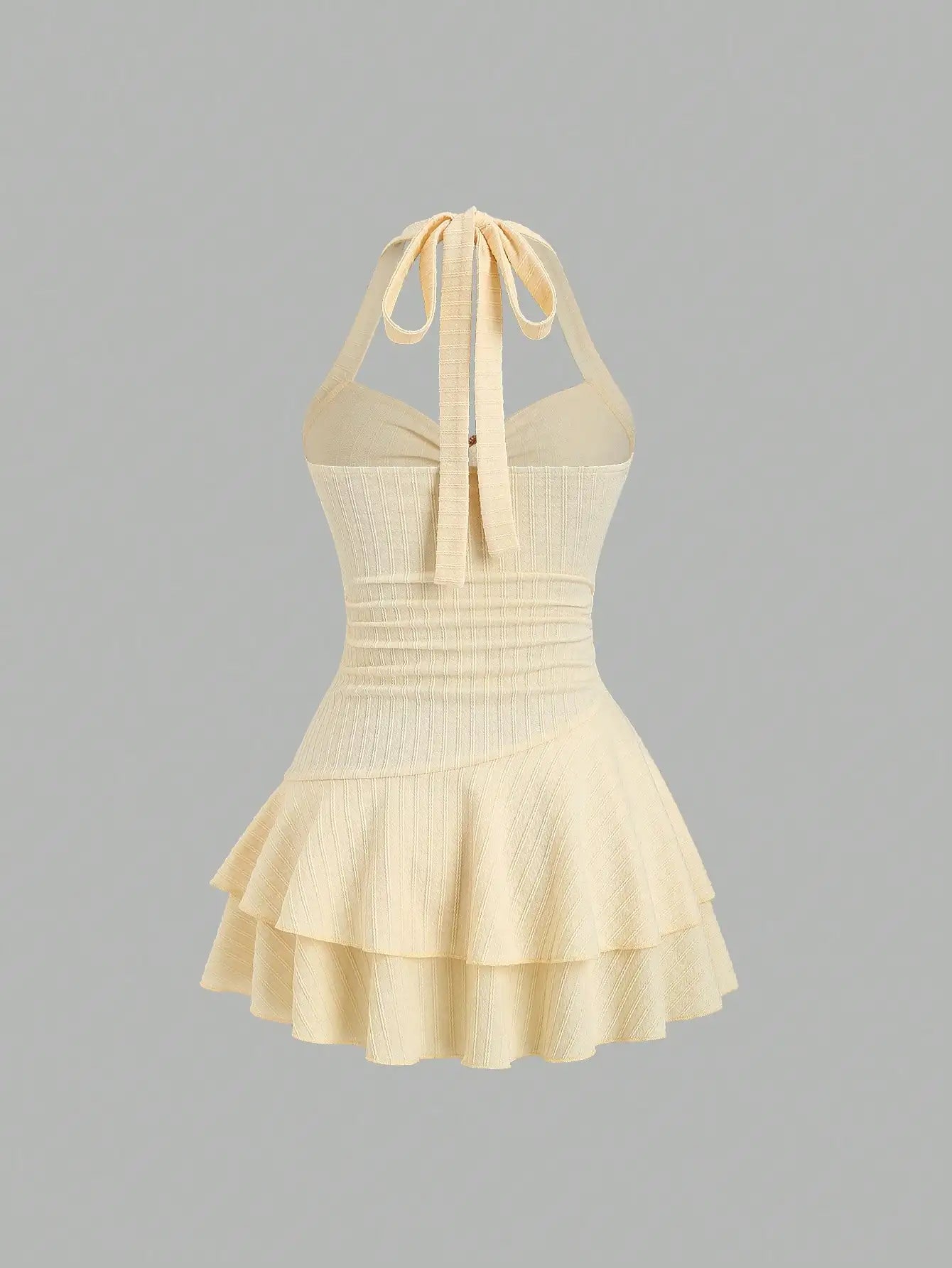 Women's Halter Neck Beach Mini Dress with Starfish Decor, Ruched Bust & Layered Ruffle Hem, Spring Summer