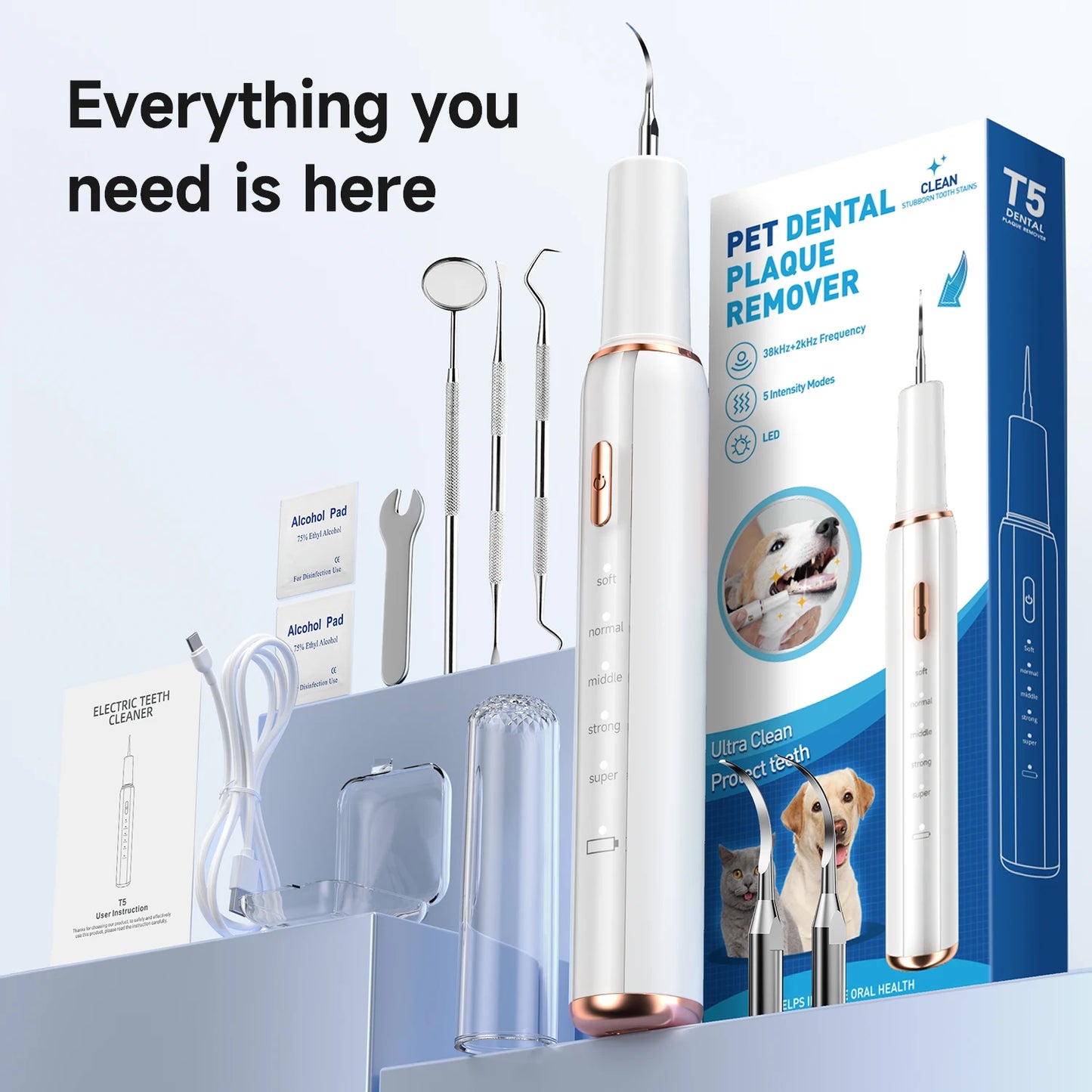 Electric Dog Teeth Cleaner Ultrasonic Dental Scaler Tartar Remover Waterproof IPX6 With 5 Modes Rechargeable Pet Tooth Cleaner