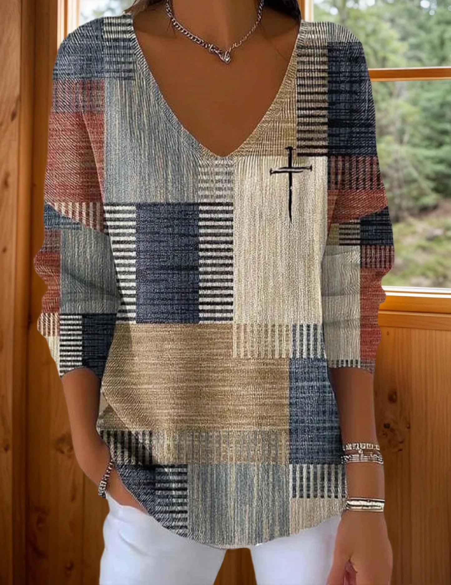 APWIKOGER Womens Casual Retro Color Block Faith Cross Jesus Sweatshirts