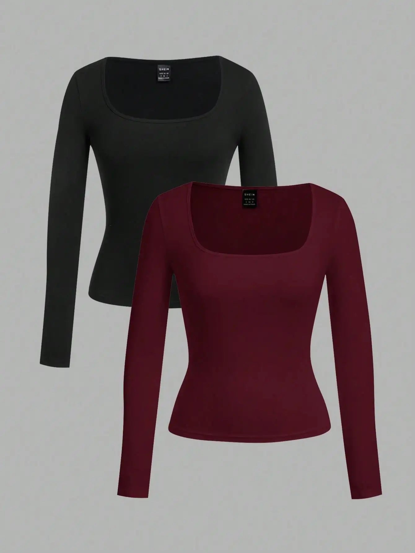 2-Pack Women's Square Neck Long Sleeve Fitted T-Shirts - Black & White, Casual Basic Tops for Autumn Winter