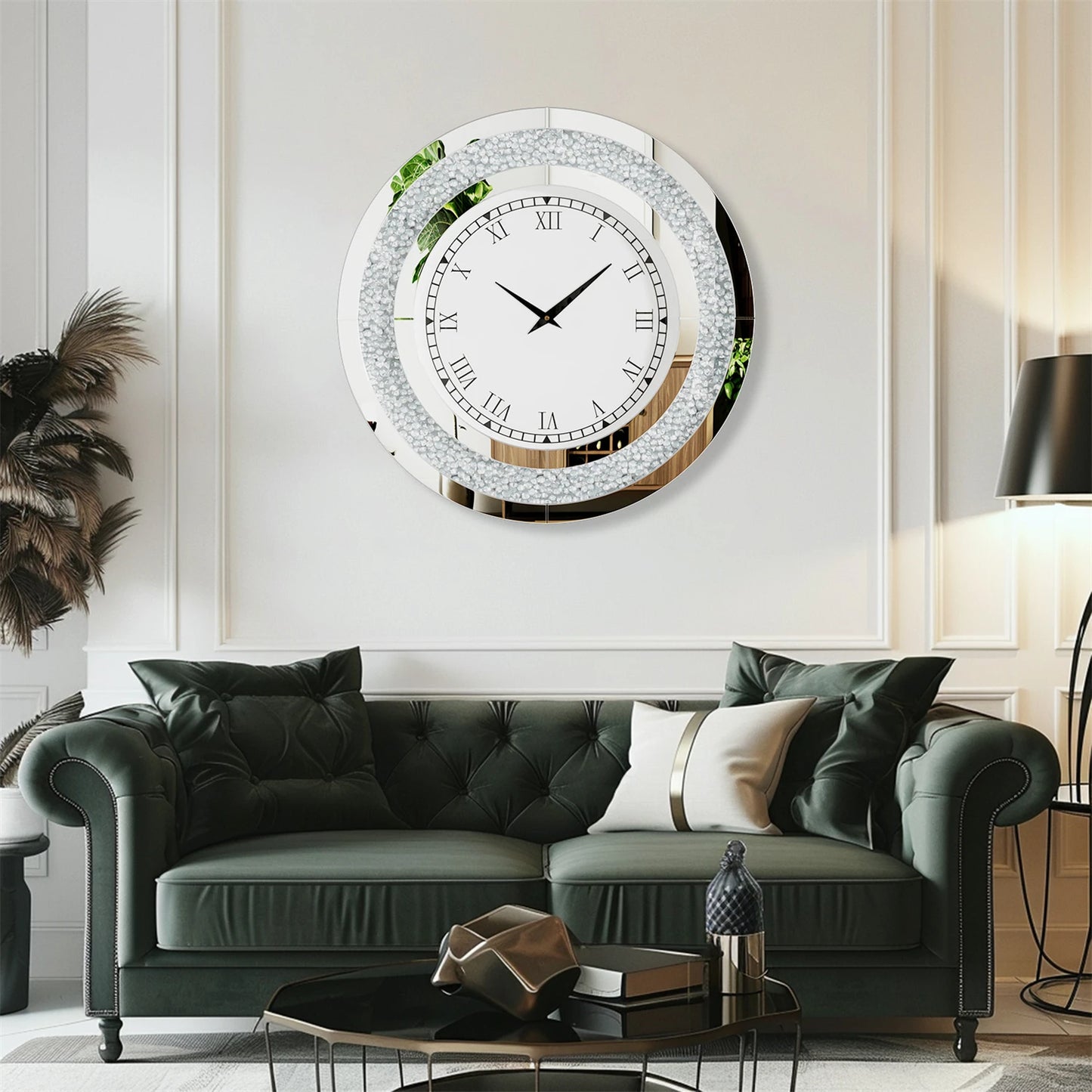 Bling Round Mirror Clock For Glam Sparkle Wall Decor
