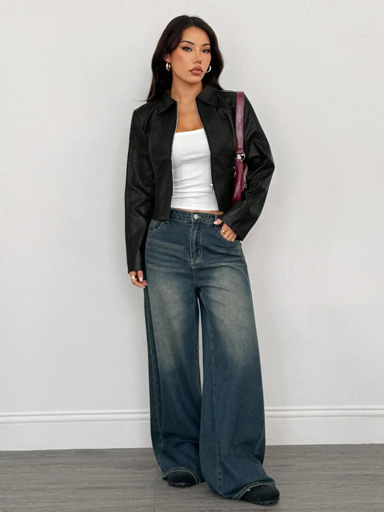 Women's Brown Faux Leather Bomber Jacket with Double Zipper, Short Fit for Fall Winter Casual Streetwear