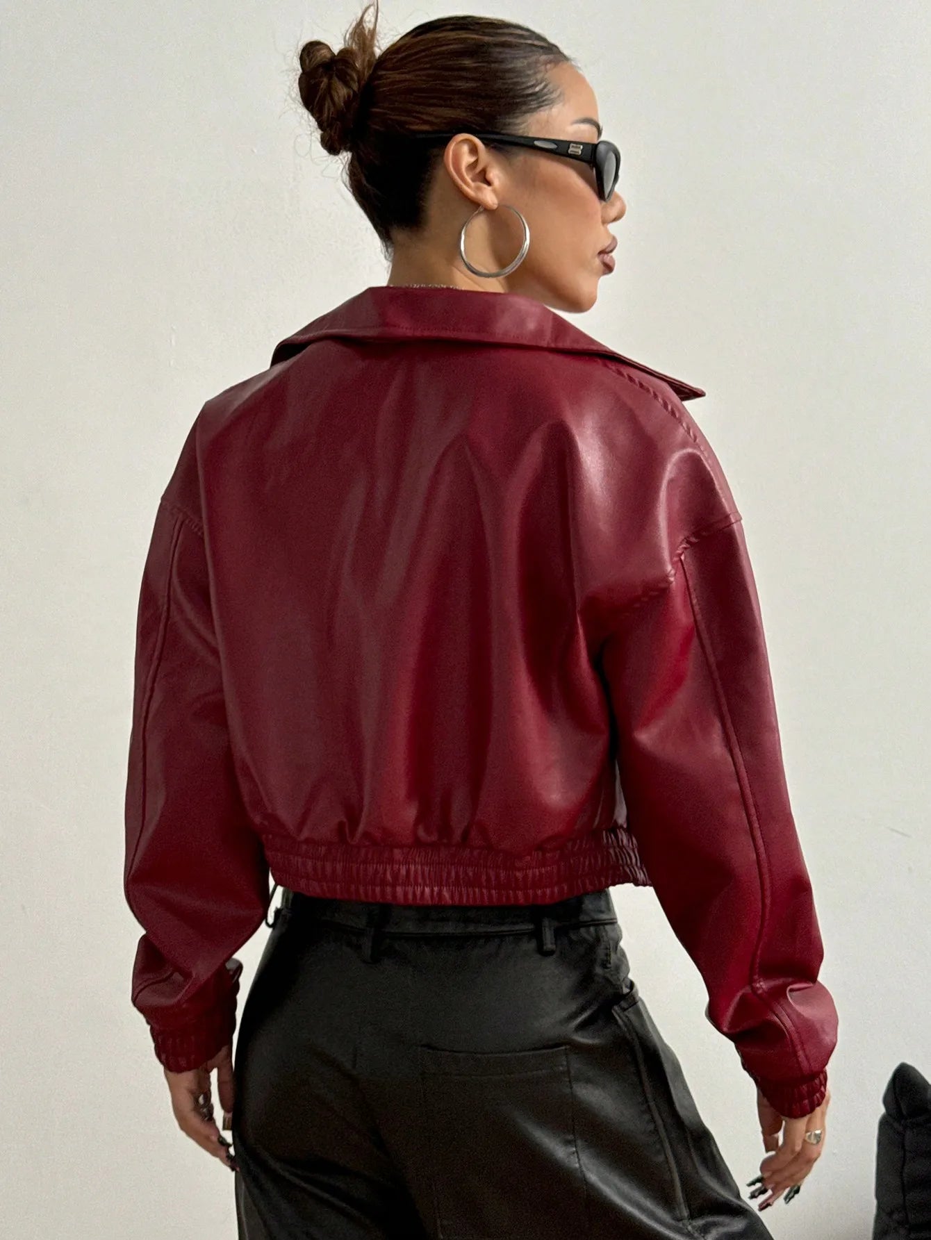 Women's Vintage Red PU Leather Cropped Jacket with Ribbed Cuffs, Street Style Bomber