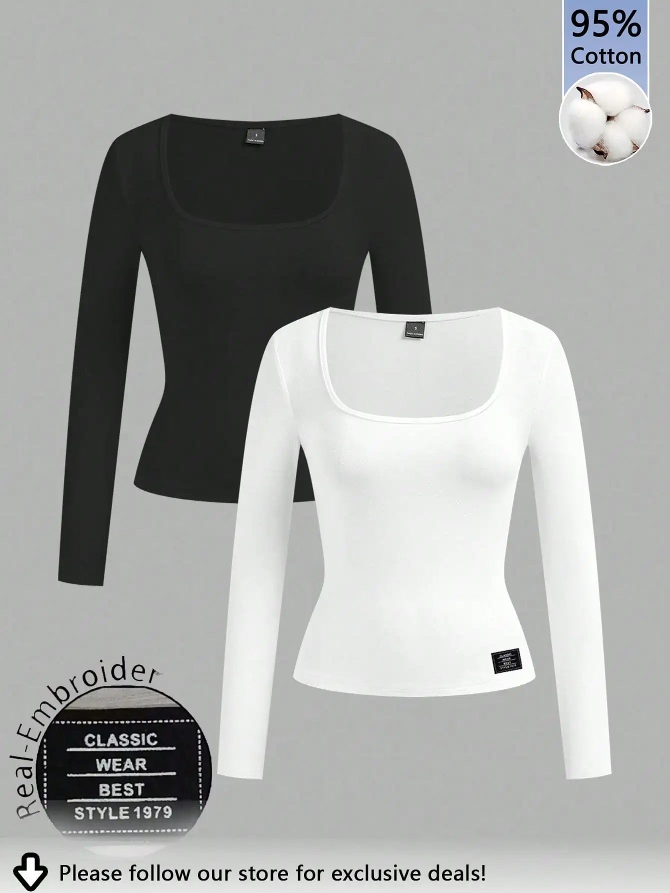 2-Pack Women's Square Neck Long Sleeve Fitted T-Shirts - Black & White, Casual Basic Tops for Autumn Winter