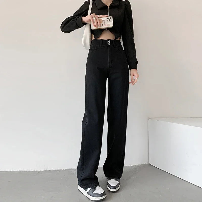 Loose Straight Women's Jeans Fashion Stretch Soft Drape Multi-button High Waist Denim Trousers Street Fashion Female Clothing