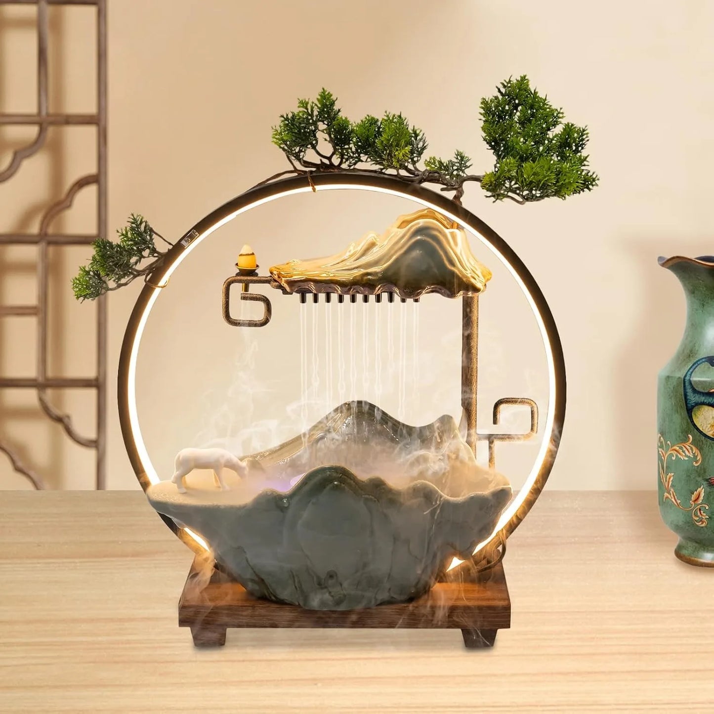 Bymaocar Tabletop Water Fountain With LED Light MistMaker Incense Holder