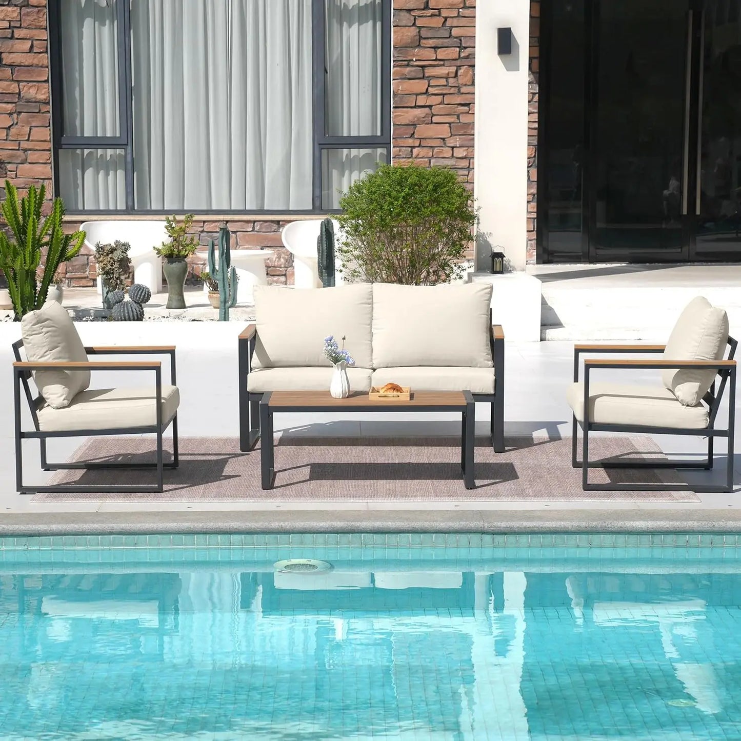 Patio Furniture Set, 4 Pieces Outdoor Patio Furniture with Coffee Table Set, Metal Patio Conversation Sets, Customized