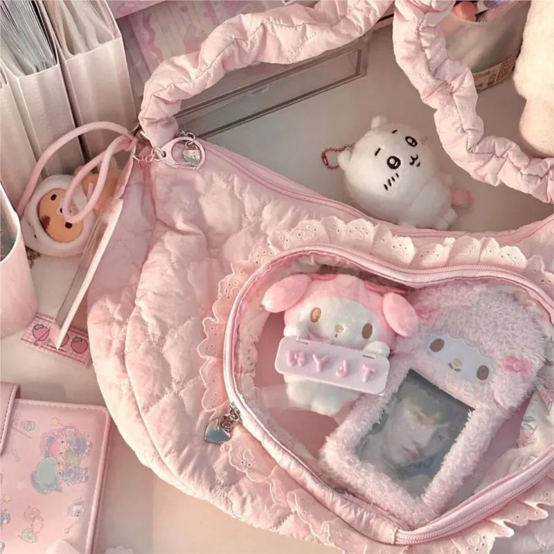 JIAERDI Heart Transparent Ita Bag Women Lace Crossbody Bag