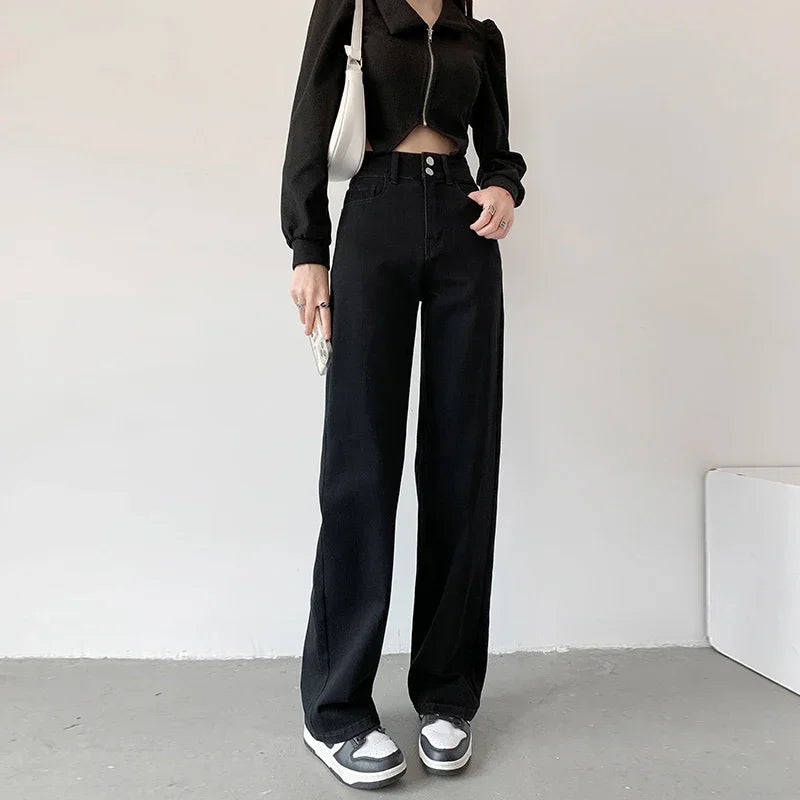 Loose Straight Women's Jeans Fashion Stretch Soft Drape Multi-button High Waist Denim Trousers Street Fashion Female Clothing