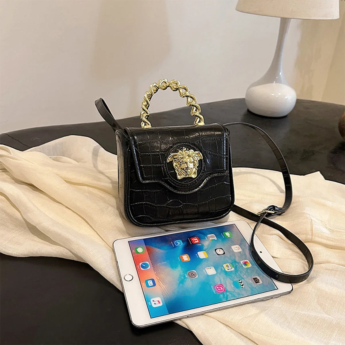 NONECN Medusa Logo Crossbody Bag Croc Texture PU Leather