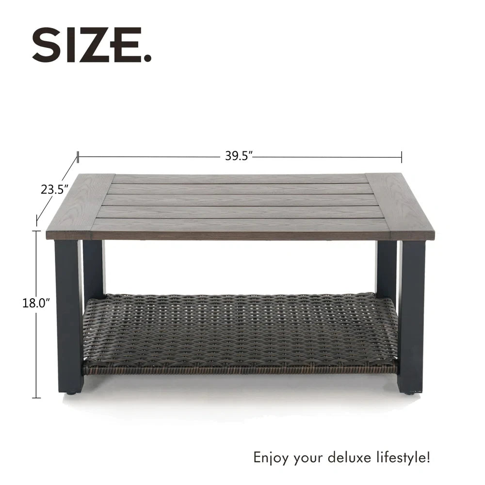 Outdoor Coffee Table with Wicker Shelf Storage, 40-inch Rectangle Modern Patio Coffee Table with Faux Wood Tabletop