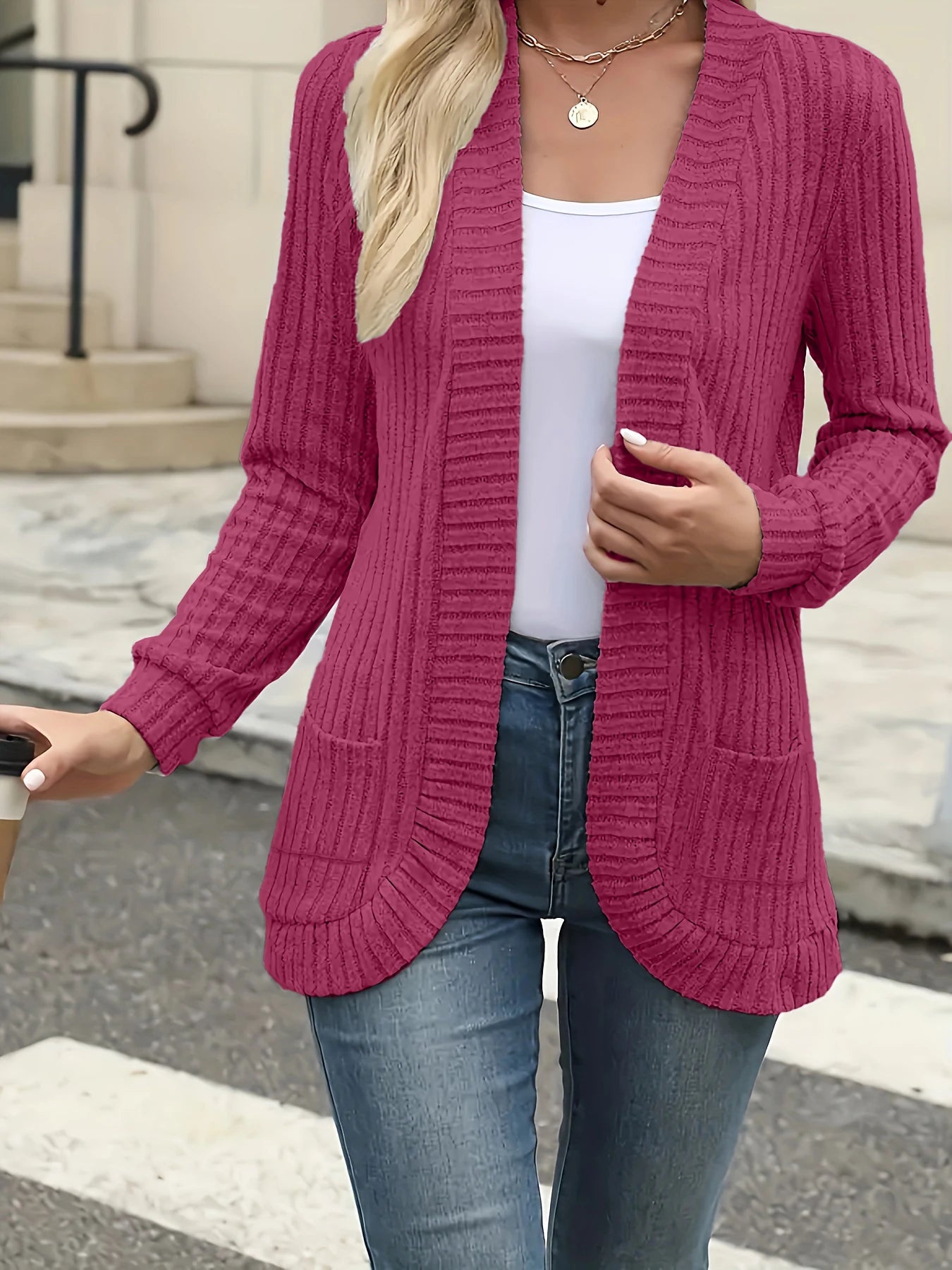Women Brushed Knit Cardigan Jacket With Pockets Casual Style