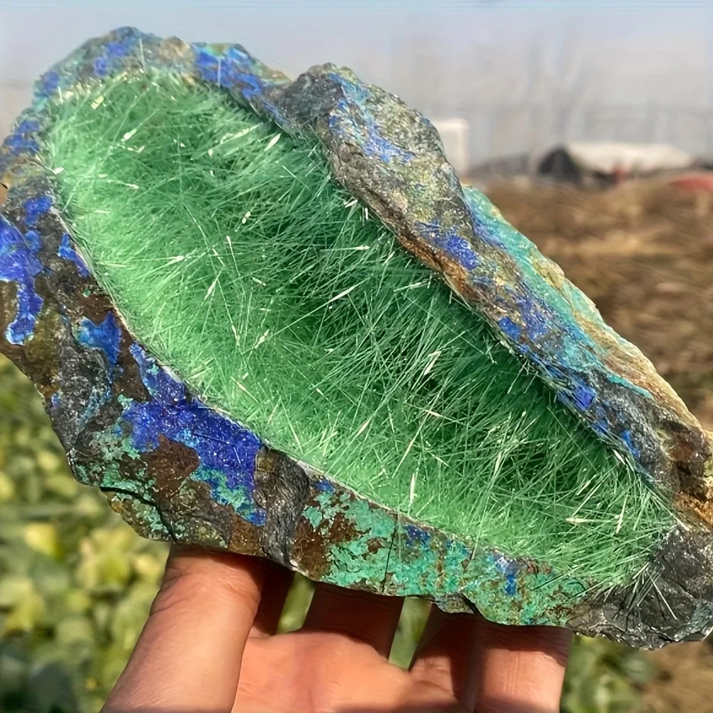 CrystalHola Green Needle Quartz Azurite Specimen Home Decor
