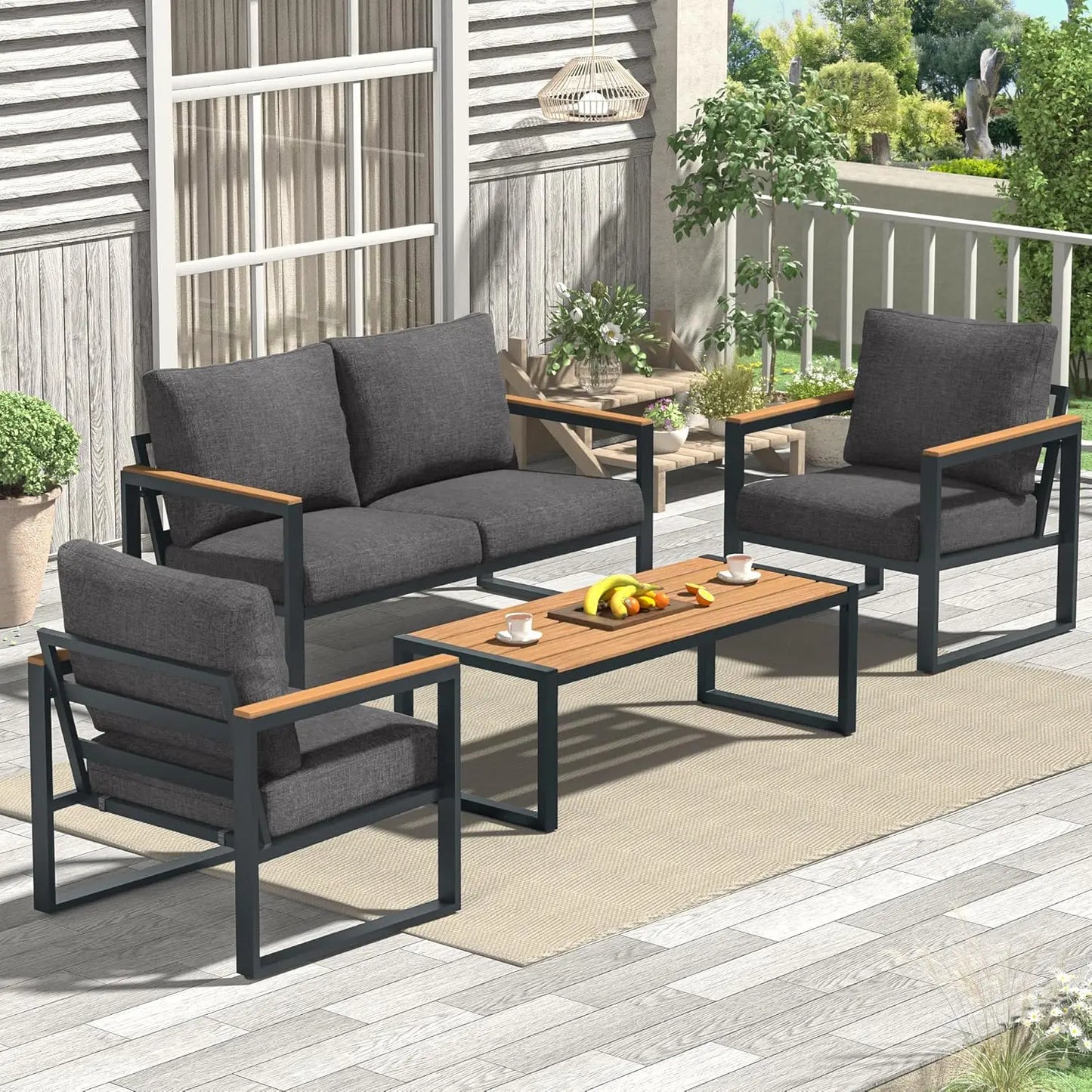 Patio Furniture Set, 4 Pieces Outdoor Patio Furniture with Coffee Table Set, Metal Patio Conversation Sets, Customized