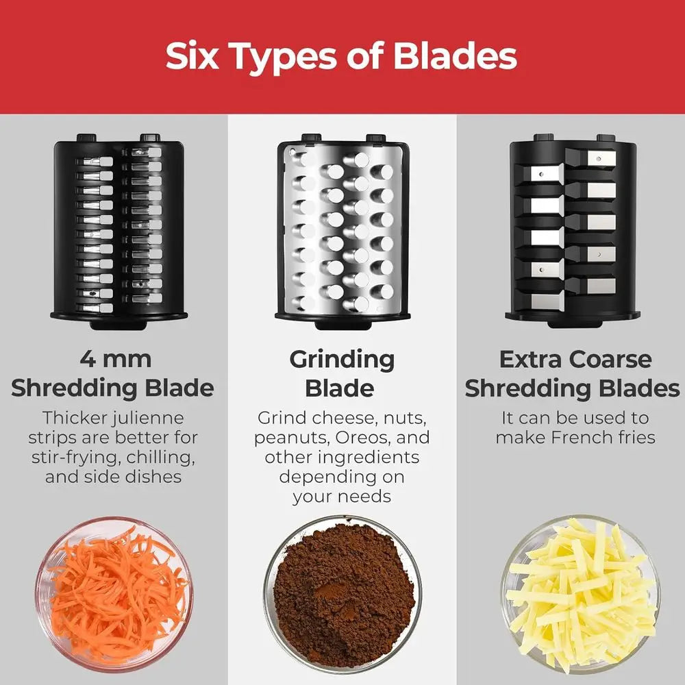 Electric Cheese Grater, Salad Maker with 6 Different Shapes of Blades, 250W Electric Slicer Shredder for Cheeses, Fruits, Vegeta
