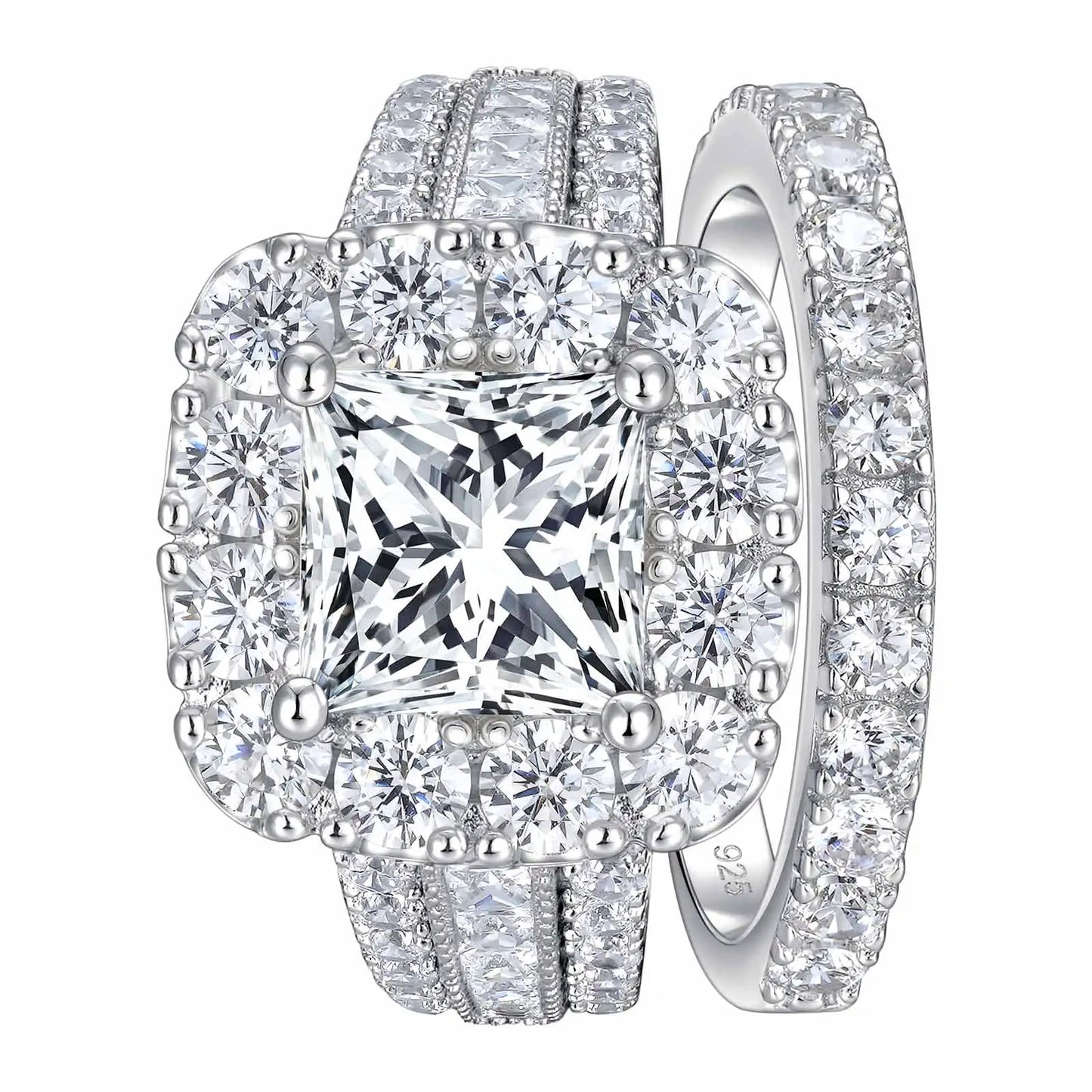 Newshe 2-Piece 925 Silver Wedding Rings Set with Halo