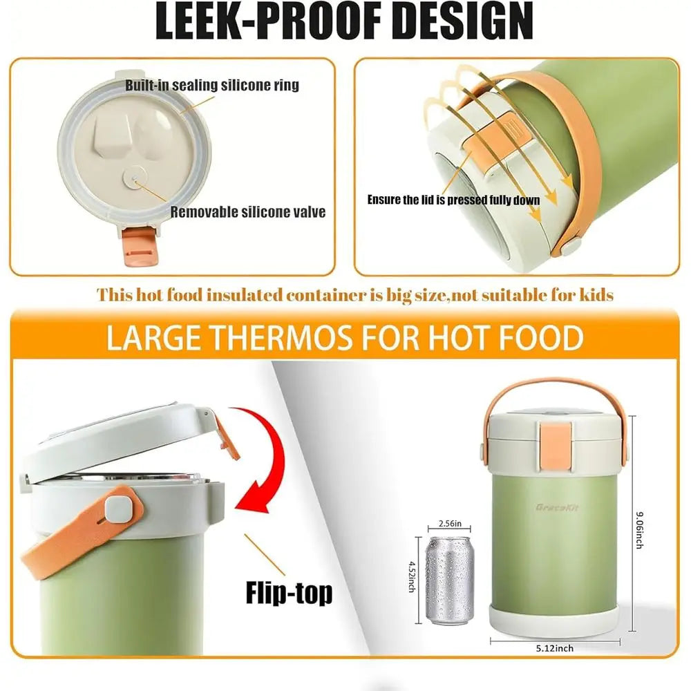 Adults Thermo or Hot Food Kit 2L 9.06in 3 Layer Stainless Steel Vacuum Soup Food Thermo Hot Food Jar Bento Box for Men, Women, S