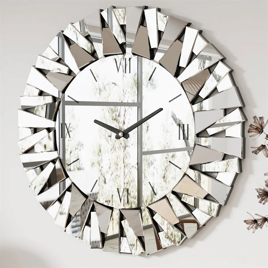 3D Mirrored Sunburst Edge Round Wall Clock With Roman Numerals